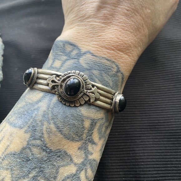 Vintage Sterling Silver Triple Onyx Stone Cuff Bracelet. Trading Post. 925. - Picture 7 of 16